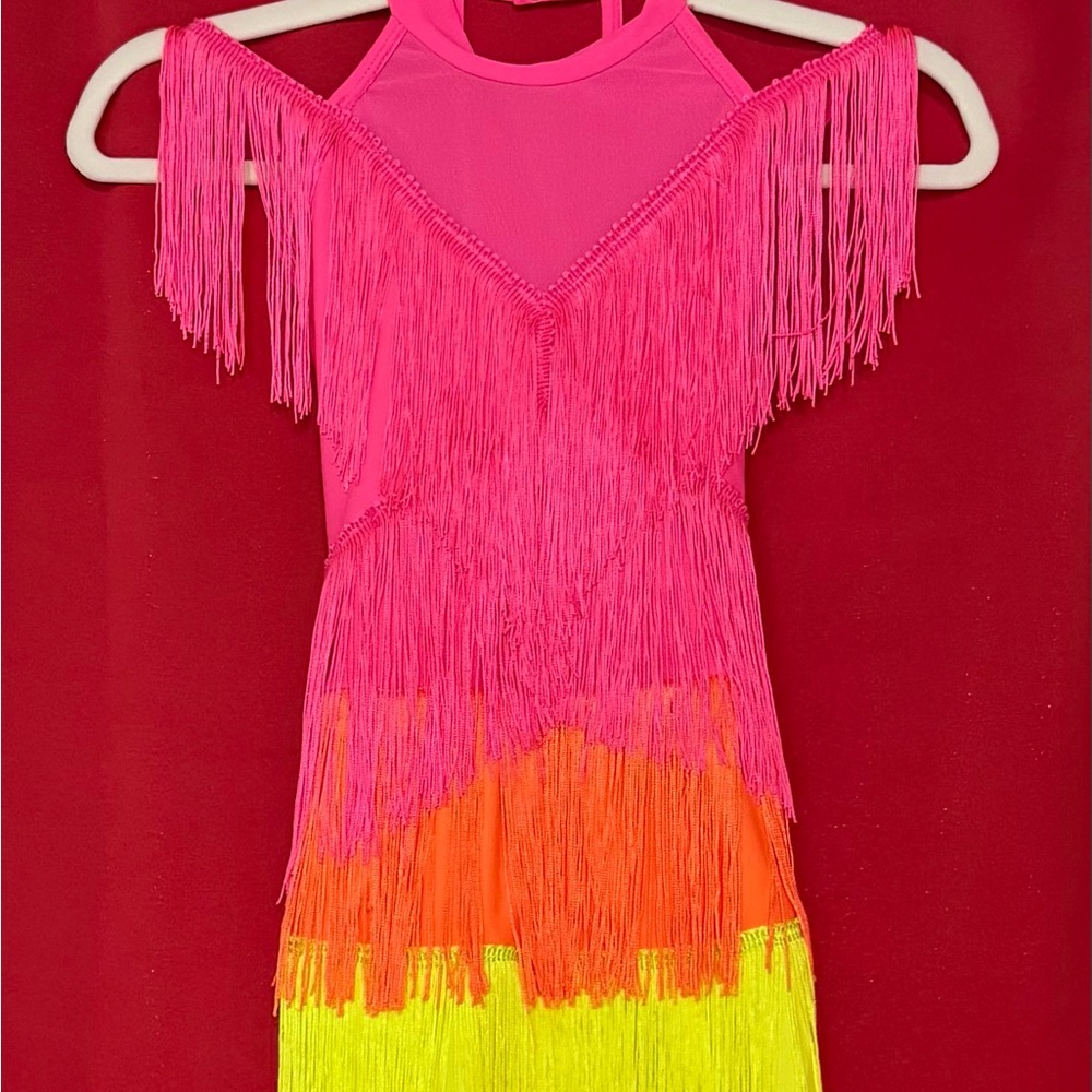 Revolution Vibrant Fringe Dress in Pink, Orange, and Yellow